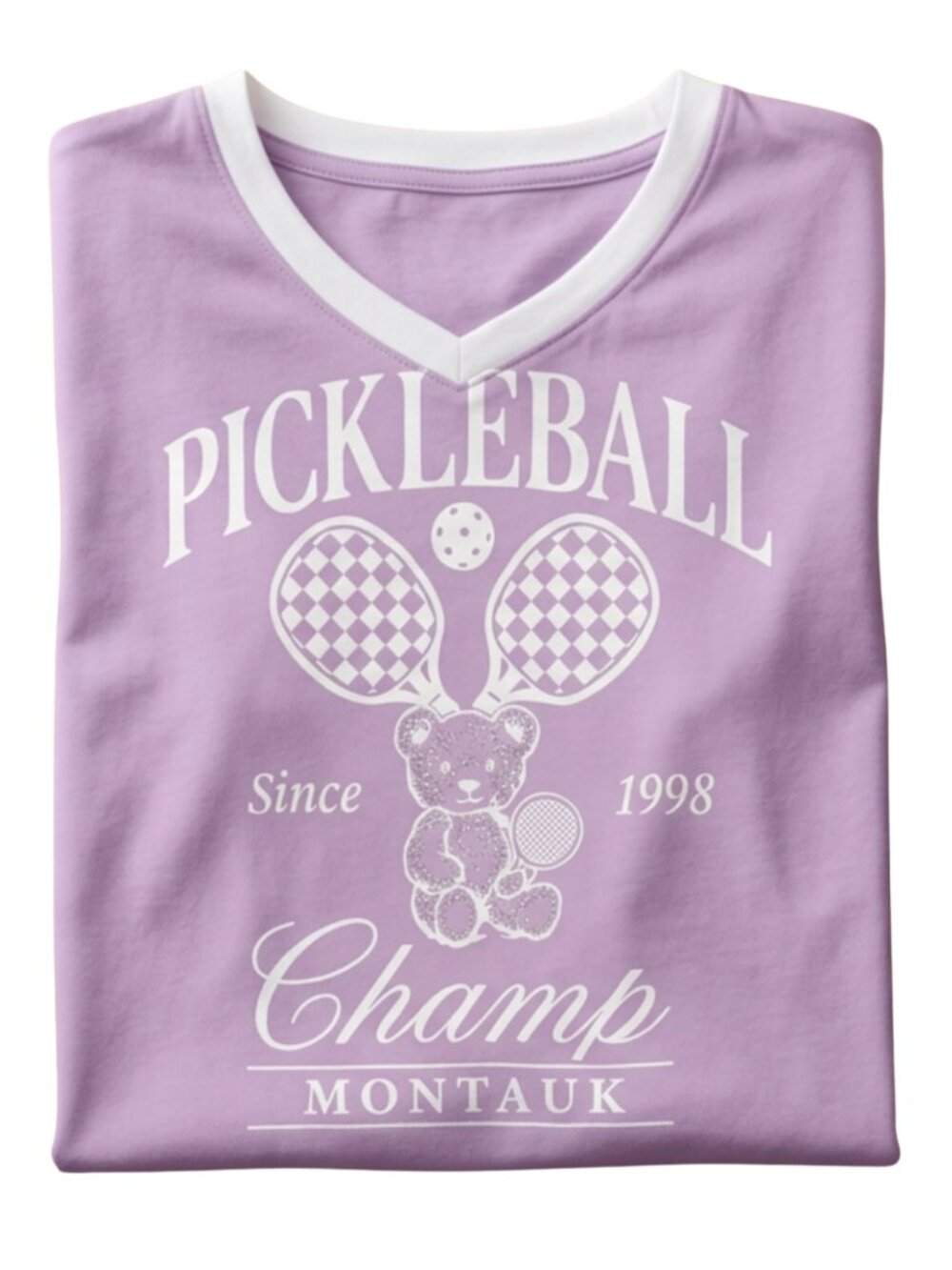 Pickleball Graphic Tee Women's Purple V-Neck Short Sleeve Shirt Champ Teddy Bear